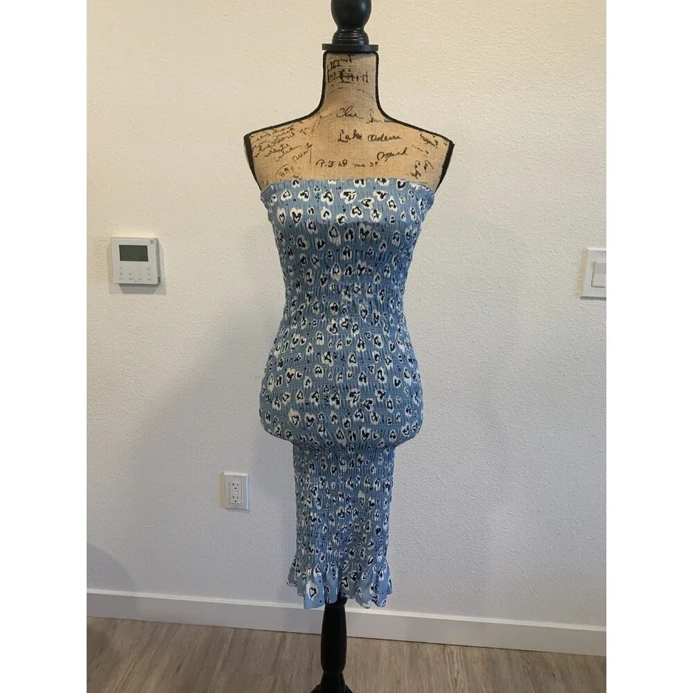 (A-26)Women's Strapless Blue Floral Midi Dress Size‎ S New Fully Dressed Stretch